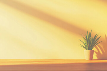 Wall Mural - A small potted plant sits on a wooden table in front of a white wall