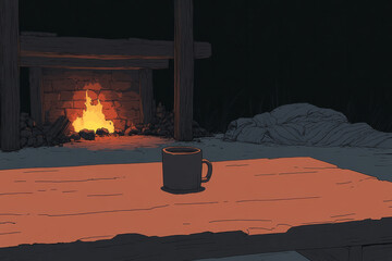 Wall Mural - A mug of coffee sits on a table next to a fireplace