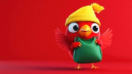 Fototapete - A cute red cartoon bird wearing a yellow beanie holds a green bag against a red background.