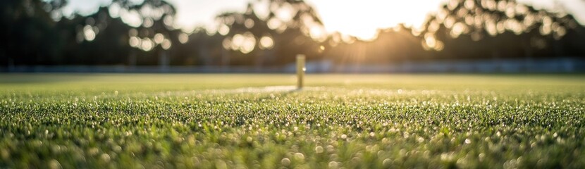 Wall Mural - A close-up view of a cricket pitch with sunlight shining on the grass.