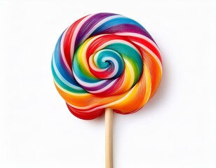 colorful rainbow lollipop swirl on wooden stick isolated on white background