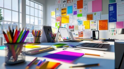 Poster - A vibrant workspace filled with stationery, digital devices, and colorful notes for creative tasks.