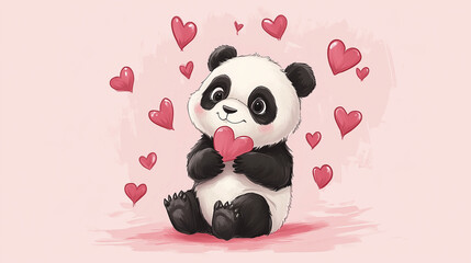 Wall Mural - Adorable panda sitting with a pink heart surrounded by floating hearts on a soft pastel background