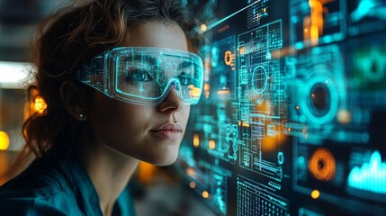 Wall Mural - an engineer analyzes a holographic projection in a modern workspace during the afternoon