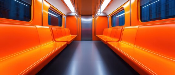 modern subway interior with vibrant orange seating and sleek design