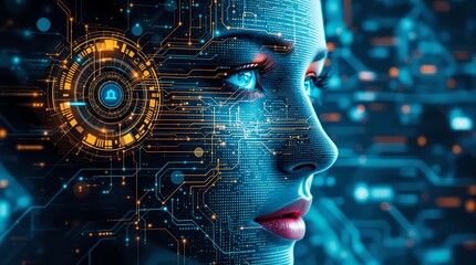 Futuristic AI face, cybernetic profile, glowing blue circuits, holographic HUD, digital data streams