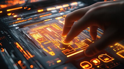 A close-up of a hand interacting with a glowing digital interface displaying futuristic virtual buttons and graphs.