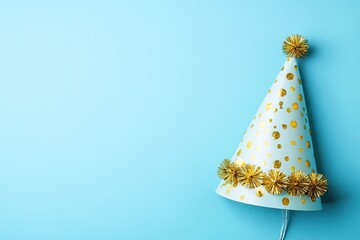 Party hat with gold glitter on blue background