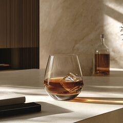 vintage whisky glass filled with amber liquid and ice sits elegantly on marble table, illuminated by soft sunlight, creating warm and inviting atmosphere