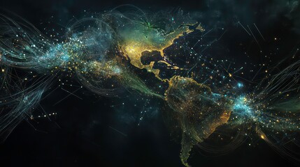 An abstract digital map of North America with glowing lines and particles, representing connection and technology.