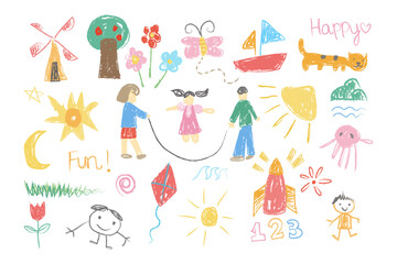 crayon fun cute kid colorful doodle set badge, scribble line flower, heary background. hand drawn do