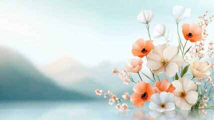 Wall Mural - soft focus photography of delicate pink white and orange blooming flowers in a serene mountain lands