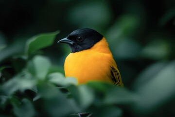 vibrant yellow bird perched among green foliage
