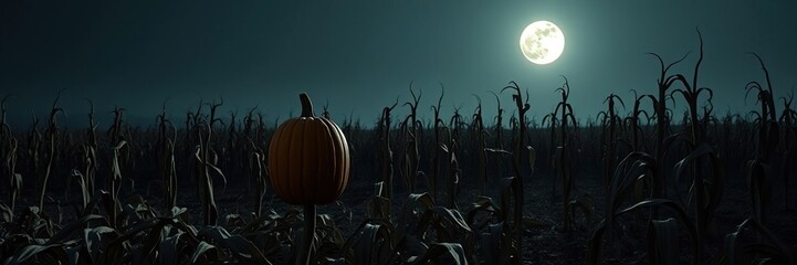 Wall Mural - A lone pumpkin standing tall amidst the skeletal remains of corn stalks in a deserted, dimly lit field under the light of a full moon, halloween, darkness, shadows