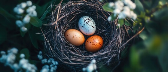 Three speckled eggs nestled in a natural bird's nest under soft sunlight in a serene outdoor setting