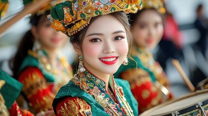 Vibrant Asian cultural with an elegantly dressed woman performing traditional dance in colorful costume and headdress  The image captures the energy joy and cultural heritage of this festive event