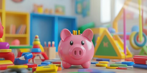 Aufkleber - A colorful playroom with a pink piggy bank surrounded by various toys and learning materials.