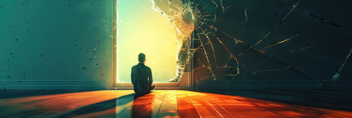 Fototapete - The quiet desperation of a lonely soul is reflected in the fractured glass of a broken mirror.