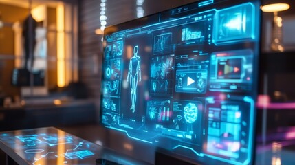 Fototapete - A large computer monitor displays a digital human figure with glowing blue lines. The screen is divided into multiple windows with a variety of data, graphs, and symbols.