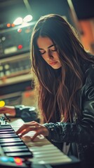 Poster - A young woman playing a keyboard in a music studio, focused on her craft.