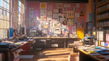 Poster - A cluttered creative workspace filled with papers, computers, and vibrant decor.