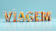 © Marcelo - A imagem apresenta a palavra 'VIAGEM' em letras tridimensionais decoradas com ícones de viagem, sobre um fundo azul claro, evocando aventura e exploração.
