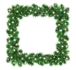 Wall Mural - Christmas wreath with glowing Christmas lights. Christmas tree decoration. Holiday fir tree garland. Festive winter season frame, realistic spruce branches. Transparent background in vector file.