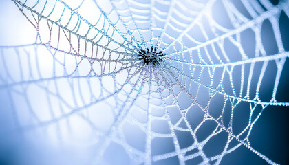 Intricate spiderweb glistening with morning dew, detailed macro photography showcasing nature's artistry.