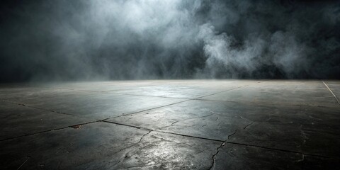 Wall Mural - Dark concrete floor with subtle cracks and worn edges, surrounded by a misty smoke background creating an air of mystery, deserted, shadows, atmospheric, fog