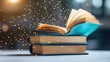 © songwut - Magical Floating Book with Glowing Particles Above Stacked Books on a Table in a Soft Focus Background Ideal for Imaginative and Inspirational Themes