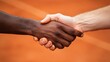 © ArtificialHorizons - Athletes shaking hands with contrasting skin tones on a clay tennis court after an intense match, symbolizing sportsmanship and camaraderie.
