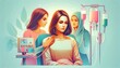 © nibelheim - Illustration of a patient receiving chemotherapy treatment with supportive friends in a comforting environment.