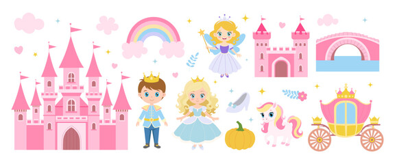 Naklejka na meble A castle with a rainbow and a princess. A princess is holding a pumpkin