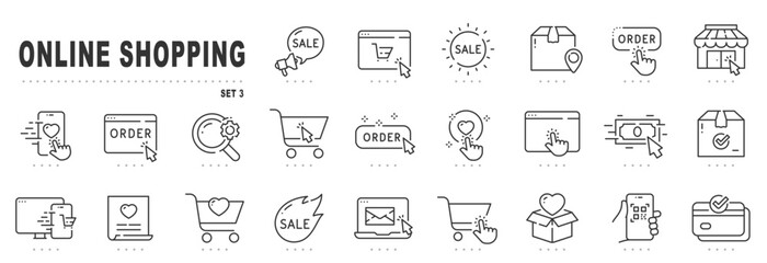 Set of online shopping related line icons. Commerce, payment, buy, shop, delivery, cart etc. Editable stroke. Set 3