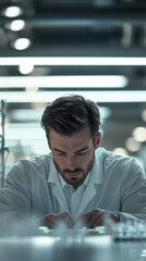 Poster - A focused scientist examining materials in a laboratory setting.