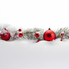 Wall Mural - red christmas balls in a row with spruce branches covered with snow and snowfall on white background