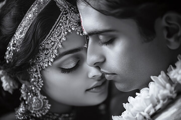 Intimate moment between radha and krishna with traditional ornaments.