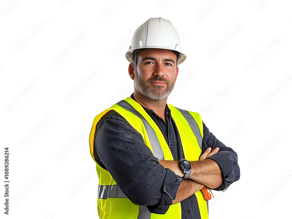 A man wearing a yellow vest and a hard hat is standing with his arms ...