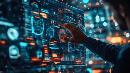 Leinwandbilder - A hand reaches out to touch a glowing digital interface filled with data and information.