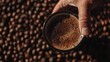 © AImmersive Imagery - Hand holding a cup of espresso above a bed of roasted coffee beans, showcasing rich froth and editable space for additional text or branding.