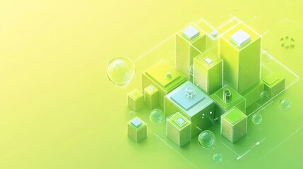 Aufkleber - A digital cityscape with green buildings and bubbles, symbolizing sustainability and innovation.