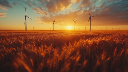 Wall Mural - Vibrant sunset casts warm hues over a field of wheat, where several wind turbines stand tall, representing renewable energy and harmony with nature.