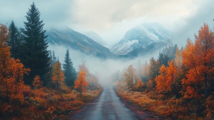 Autumn landscape with fog enveloping a winding mountain road, framed by vibrant orange foliage and towering evergreens. Majestic mountains rise in the background.