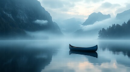 Sticker - Serene Foggy Lake with Canoe and Mountain Peaks