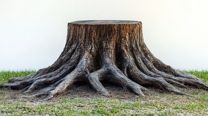 Large tree stump with exposed roots on grass.