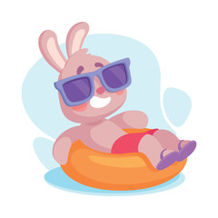 Wall Mural - cute rabbit animal character swim in pool with rubber ring vector illustration