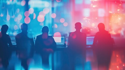 Aufkleber - Silhouettes of people sitting in front of computers with bokeh lights in the background.