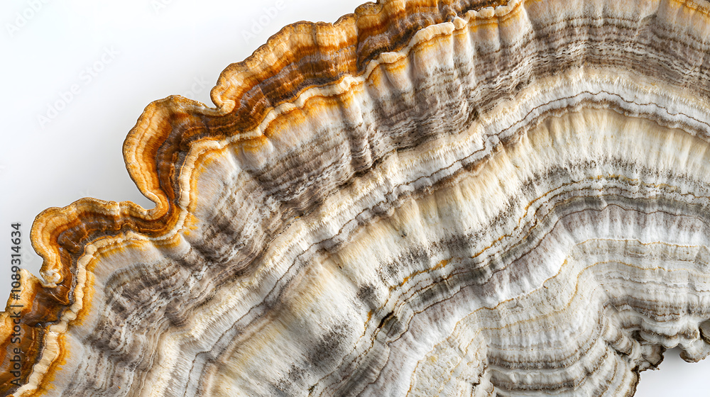 An Artistic Representation of a Pale Trametes Versicolor Mushroom in Side View Against a White Background