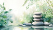 © Thiago - Serene zen garden with balanced stones among lush greenery in tranquil natural setting, minimal watercolor illustration. Tranquil Zen Garden. Illustration