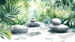 © Thiago - Serene zen garden with balanced stones among lush greenery in tranquil natural setting, minimal watercolor illustration. Tranquil Zen Garden. Illustration